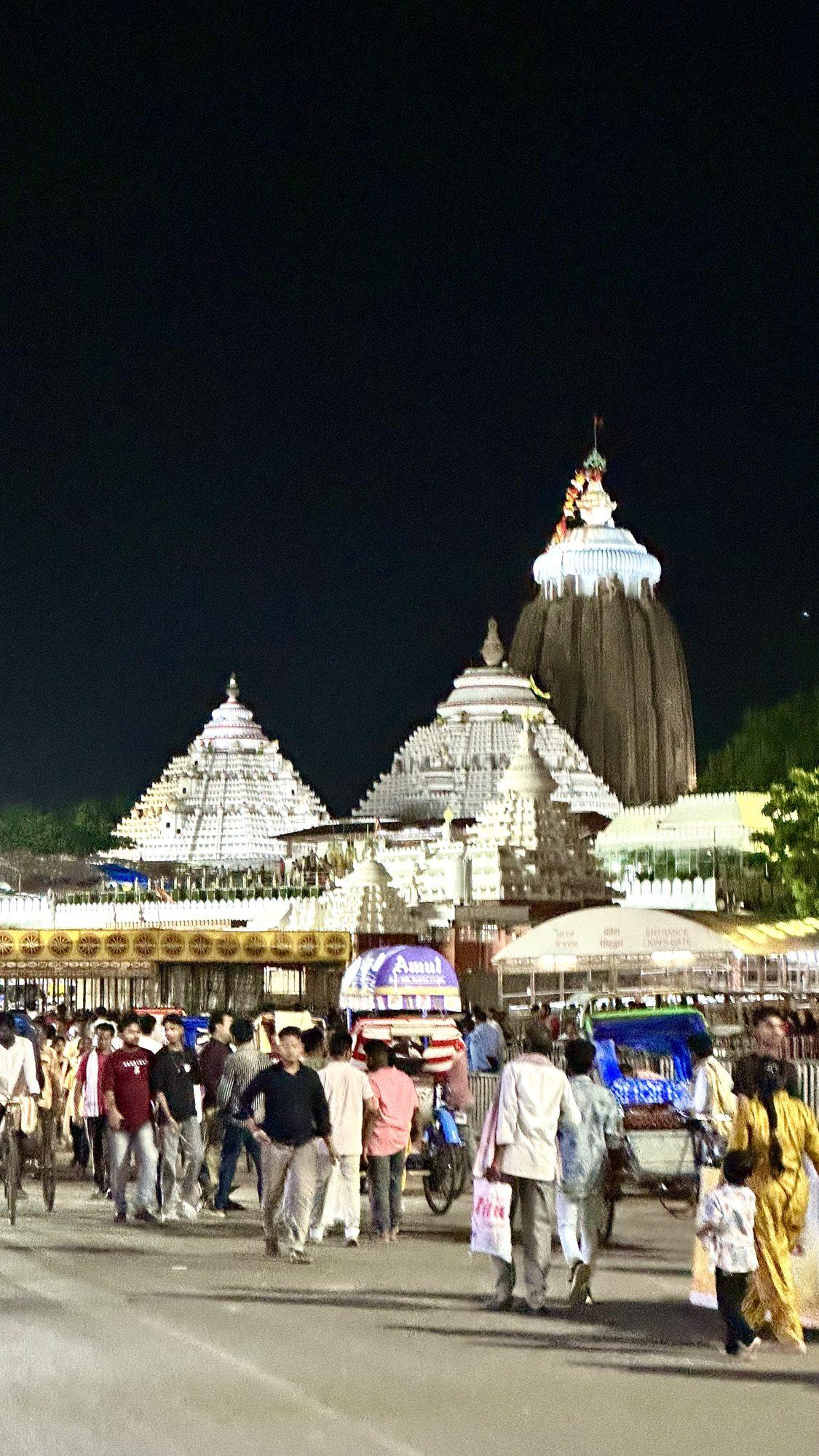 Crowds gathering at night near the Jagannath Temple in Puri